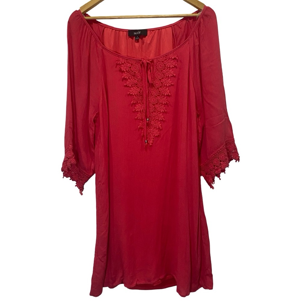NAIF Vibrant pink boho tunic with embroidery, very flowy size S
